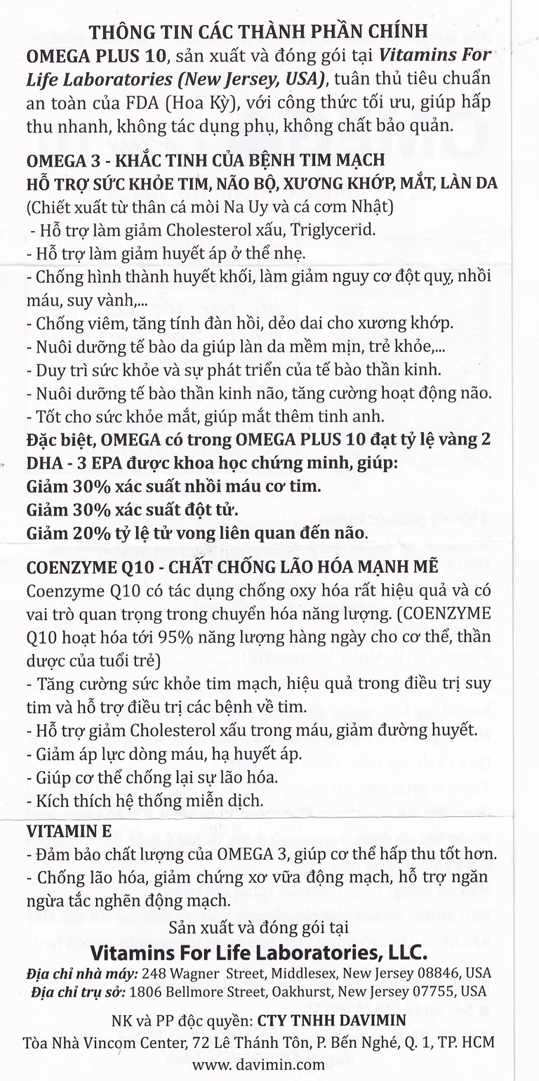 Viên uống Omega Plus 10 Vitamins For Life chống oxy hóa, hỗ trợ tốt cho tim mạch (Hộp 60 viên)