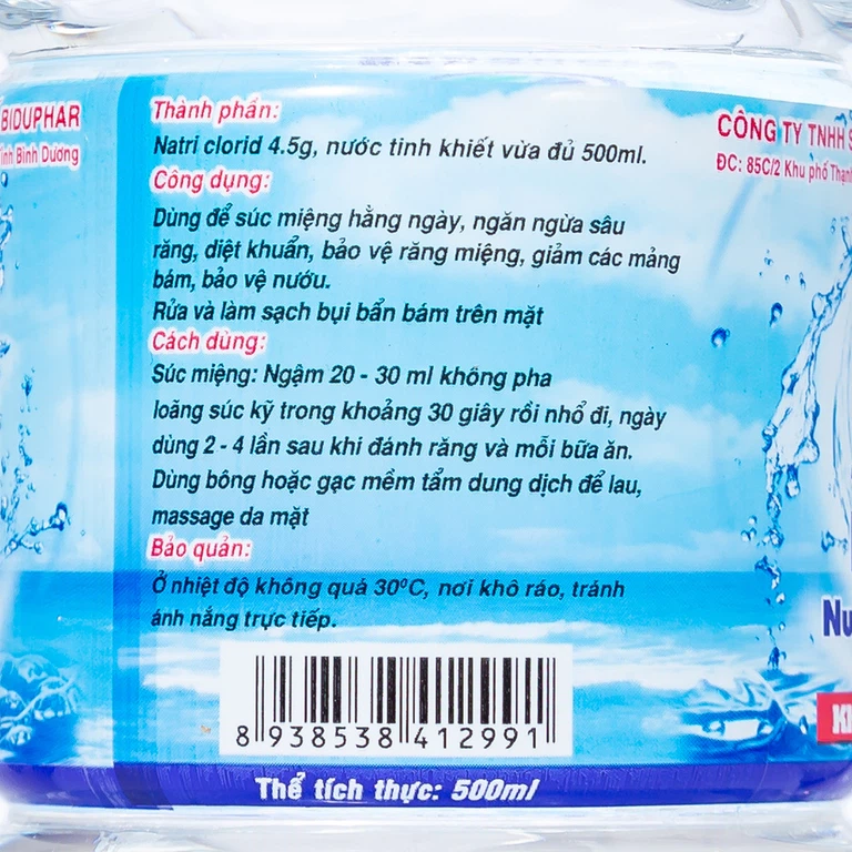 Nước muối sinh lý Biduphar Natri Clorid 0.9% dùng để súc miệng hằng ngày (20 chai)
