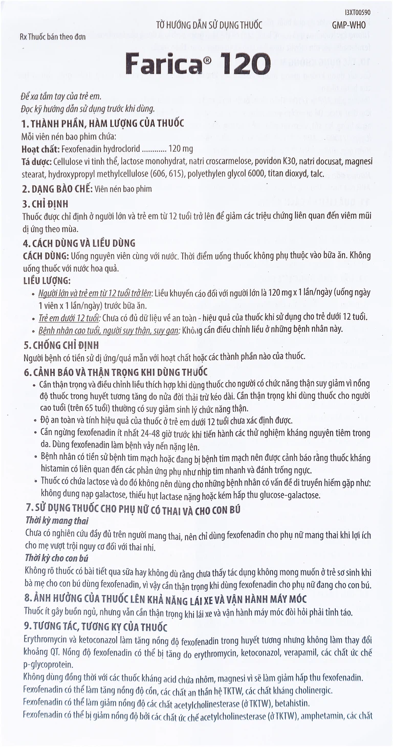 Thuốc Farica 120 Benovas điều trị viêm mũi dị ứng theo mùa (1 vỉ x 10 viên)