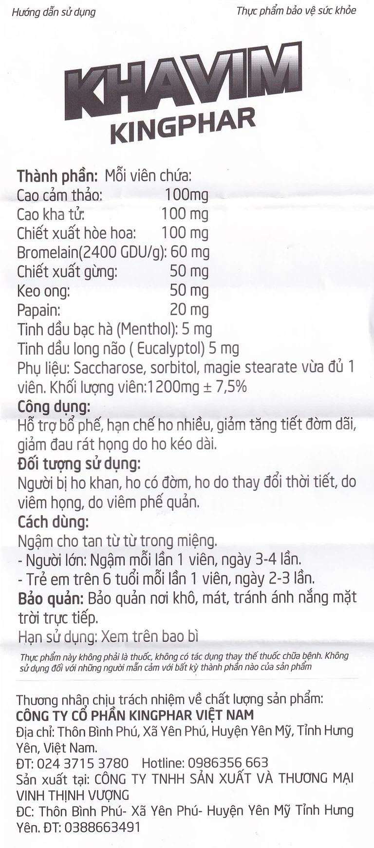 Viên ngậm Khavim Kingphar dùng cho người bị ho khan, ho có đờm (2 vỉ x 10 viên)