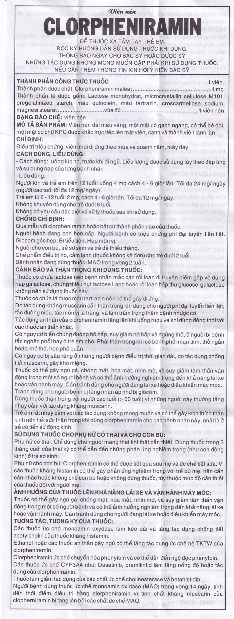 Thuốc Clorpheniramin 4mg Khapharco điều trị triệu chứng viêm mũi dị ứng theo mùa, quanh năm và mày đay (10 vỉ x 20 viên)