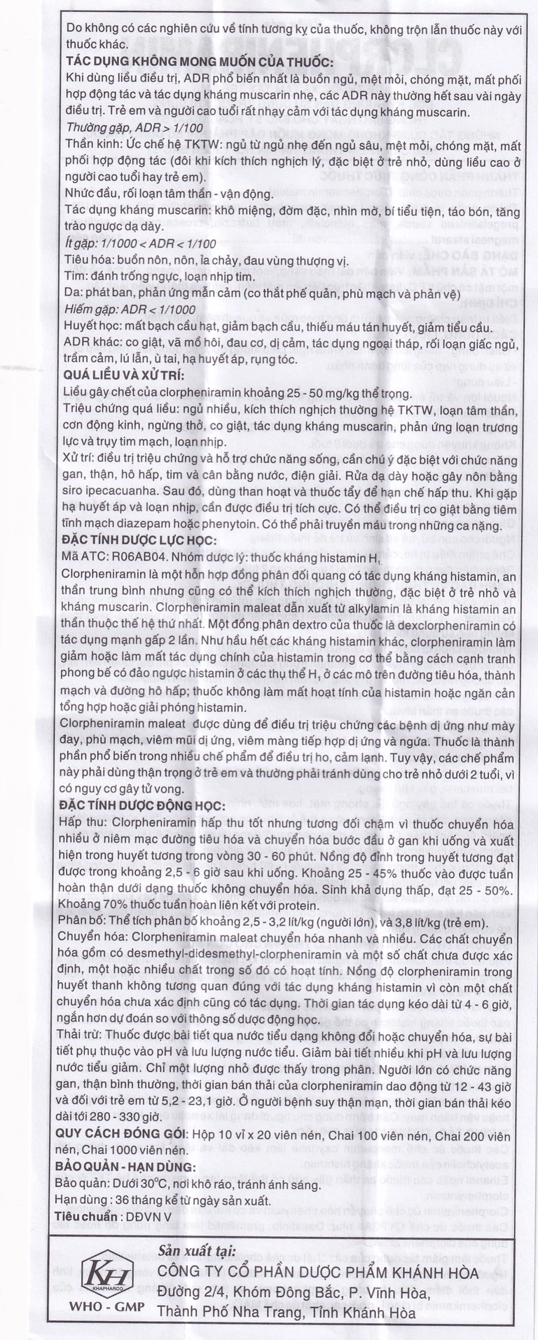 Thuốc Clorpheniramin 4mg Khapharco điều trị triệu chứng viêm mũi dị ứng theo mùa, quanh năm và mày đay (10 vỉ x 20 viên)