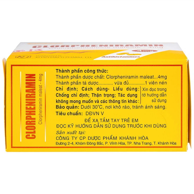 Thuốc Clorpheniramin 4mg Khapharco điều trị triệu chứng viêm mũi dị ứng theo mùa, quanh năm và mày đay (10 vỉ x 20 viên)