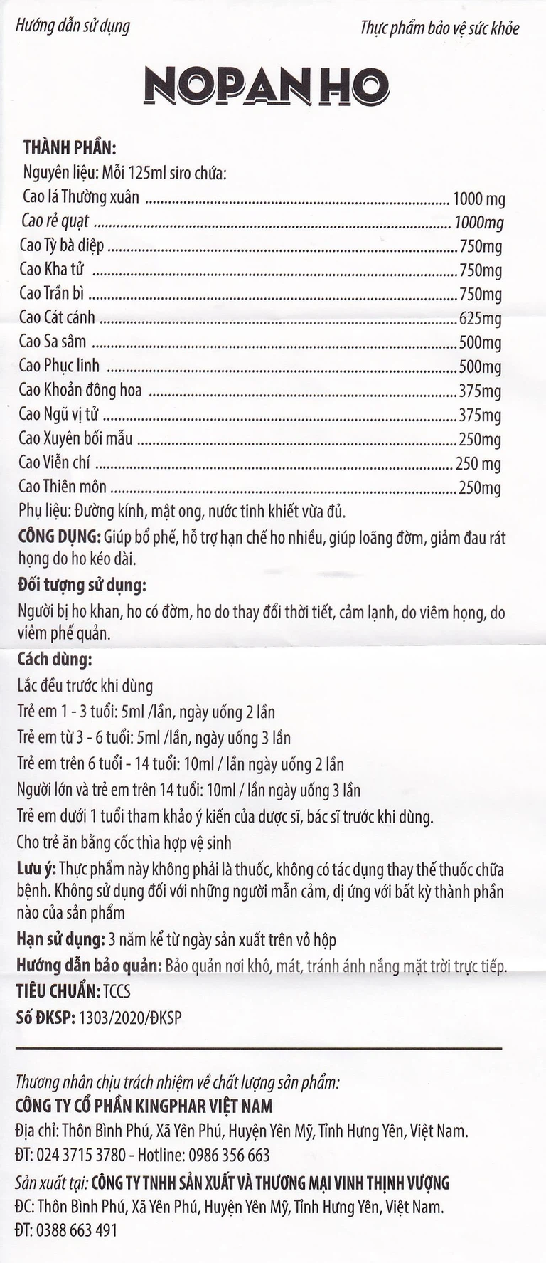 Siro Nopanho Kingphar giúp bổ phế, hạn chế ho nhiều (125ml)