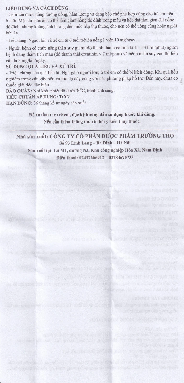 Thuốc Cetirizin 10mg Trường Thọ trị ngứa ngoài da do dị ứng (10 vỉ x 10 viên)