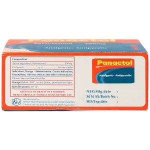 Viên nén Panactol 500mg Khapharco giảm đau, hạ sốt, điều trị đau đầu, đau răng (10 vỉ x 10 viên)