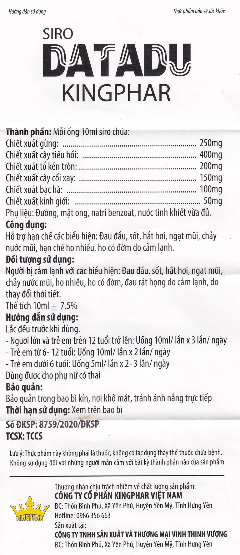 Siro Datadu Kingphar hỗ trợ hạn chế đau đầu, sốt, ho (4 vỉ x 5 ống x 10ml)