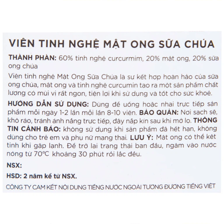 Viên Tinh Nghệ Mật Ong Sữa Chúa Honeyland tăng cường đề kháng, sức khỏe (120g)