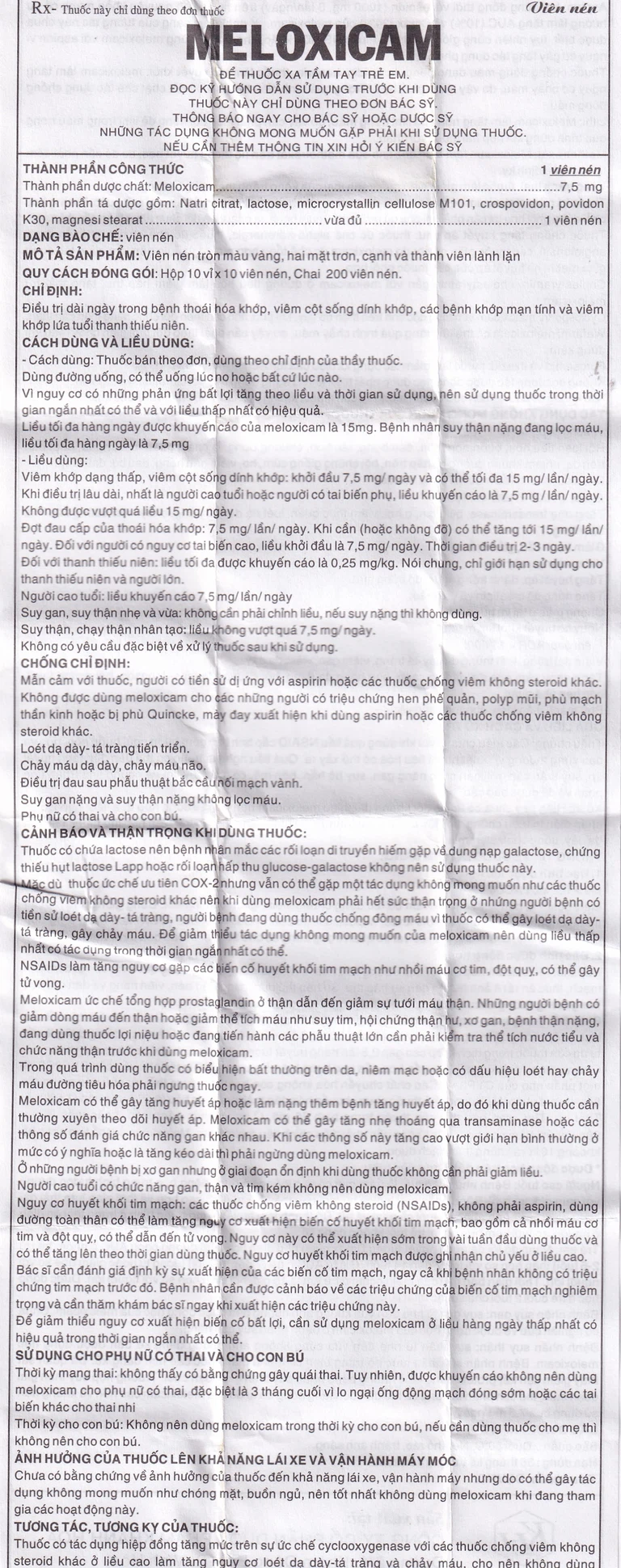 Viên nén Meloxicam 7.5mg Khapharco điều trị thoái hóa khớp, viêm cột sống dính khớp (200 viên)