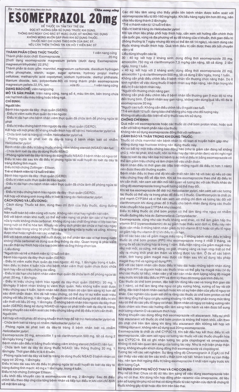Thuốc Esomeprazol 20mg điều trị trào ngược dạ dày, thực quản (10 vỉ x 10 viên)