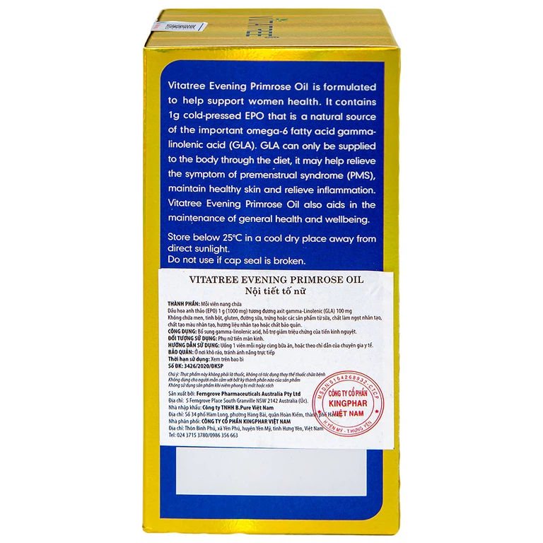 Viên uống Evening Primrose Oil Vitatree hỗ trợ giảm triệu chứng của tiền kinh nguyệt (120 viên)