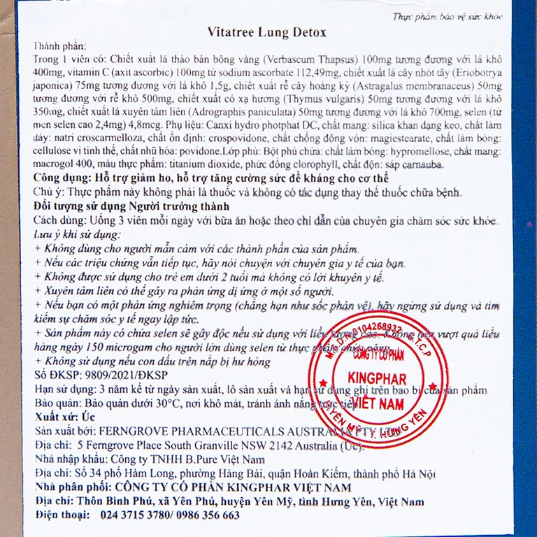 Viên uống Lung Detox Vitatree hỗ trợ giảm ho, tăng cường sức đề kháng cho cơ thể (60 viên)