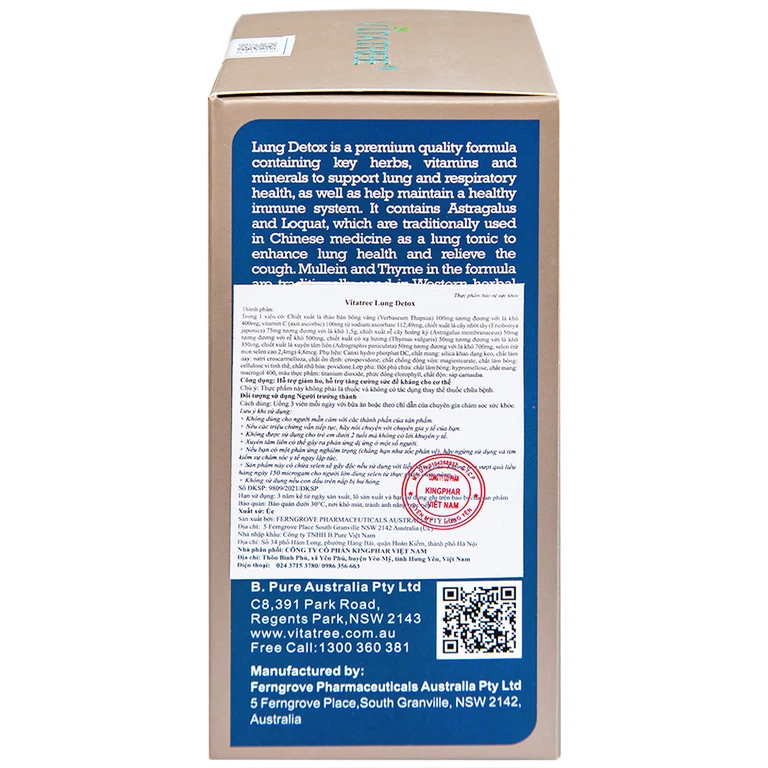 Viên uống Lung Detox Vitatree hỗ trợ giảm ho, tăng cường sức đề kháng cho cơ thể (60 viên)