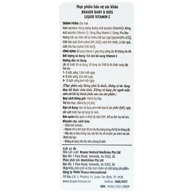 Siro Brauer Baby Kids Liquid bổ sung vitamin C, tăng cường sức đề kháng cho cơ thể (100ml)