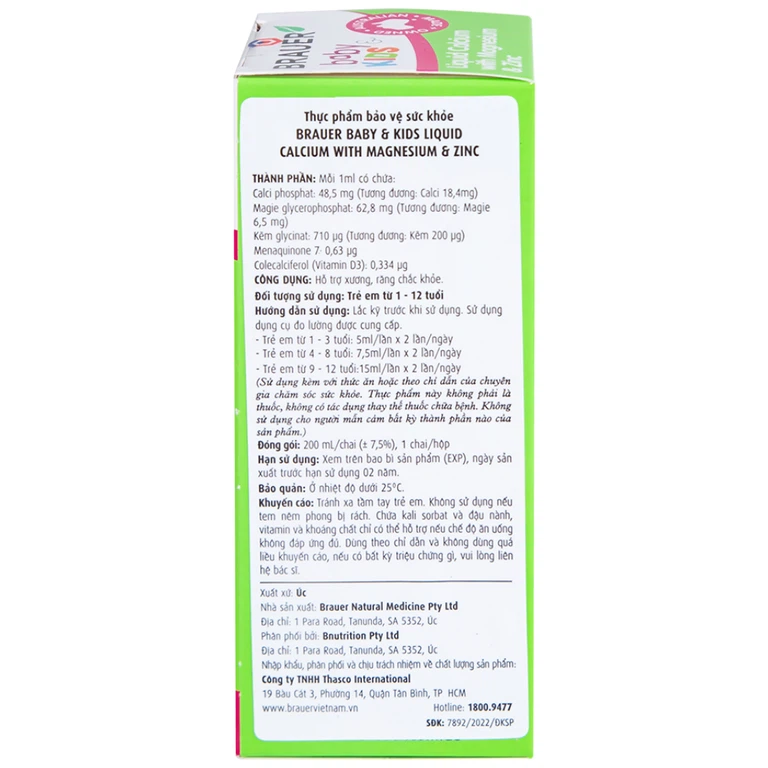 Siro Brauer Baby Kids Liquid Calcium With Magnesium And Zinc 200ml hỗ trợ xương, răng chắc khỏe