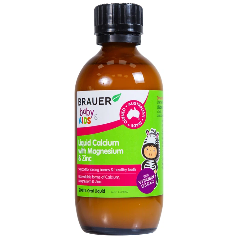 Siro Brauer Baby Kids Liquid Calcium With Magnesium And Zinc 200ml hỗ trợ xương, răng chắc khỏe