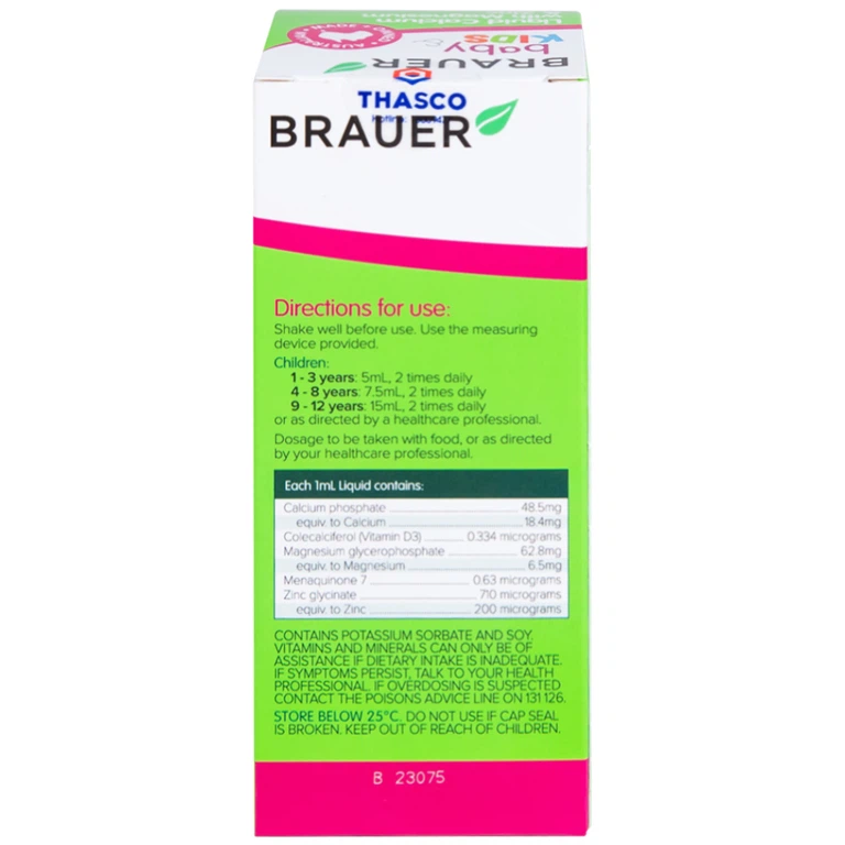 Siro Brauer Baby Kids Liquid Calcium With Magnesium And Zinc 200ml hỗ trợ xương, răng chắc khỏe