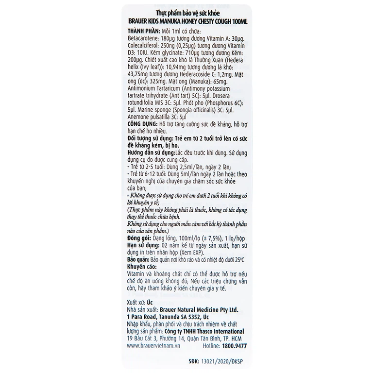Siro Brauer Kids Manuka Honey Chesty Cough hỗ trợ tăng cường sức đề kháng, hạn chế ho nhiều (100ml)