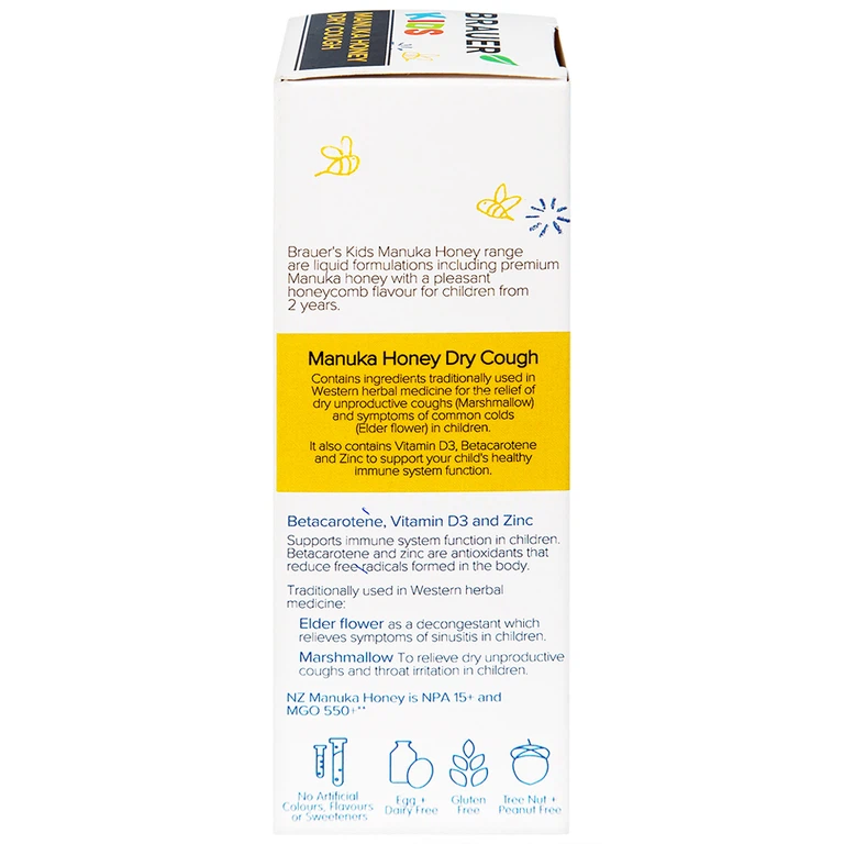 Siro Brauer Kids Manuka Honey Dry Cough hỗ trợ giảm chứng ho khan, giảm đau rát họng ở trẻ (100ml)