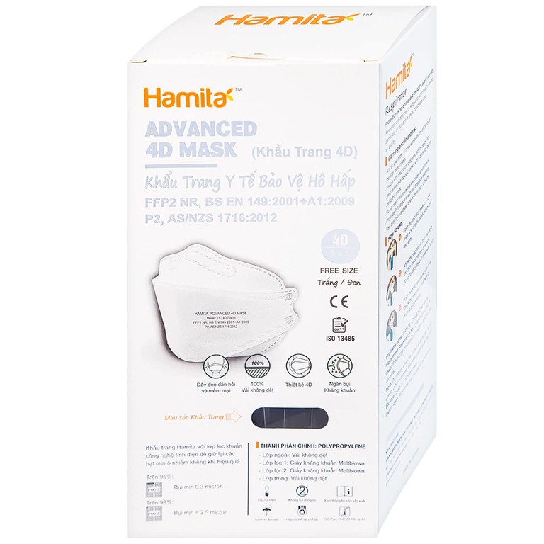 Khẩu trang y tế Hamita Advanced 4D Mask màu đen hỗ trợ ngăn khói, bụi, kháng khuẩn (5 cái)