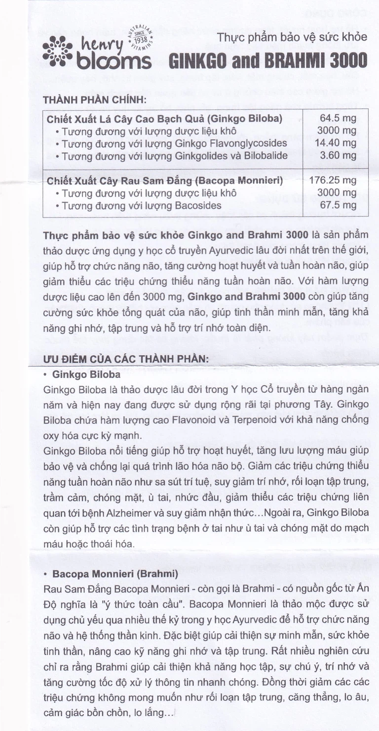 Viên uống Ginkgo And Brahmi 3000 Henry Blooms hỗ trợ hoạt huyết (60 viên)