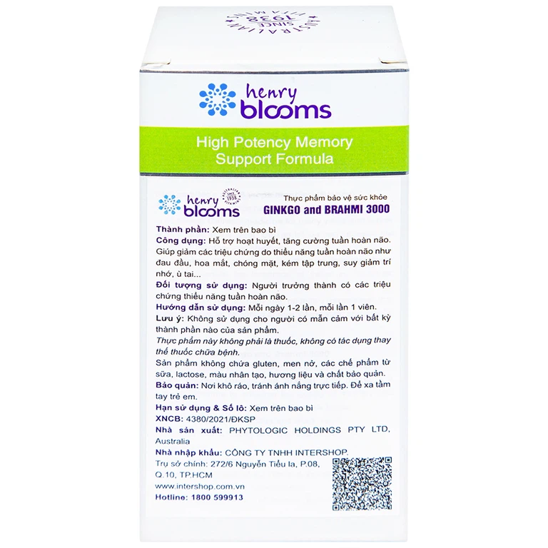 Viên uống Ginkgo And Brahmi 3000 Henry Blooms hỗ trợ hoạt huyết (60 viên)