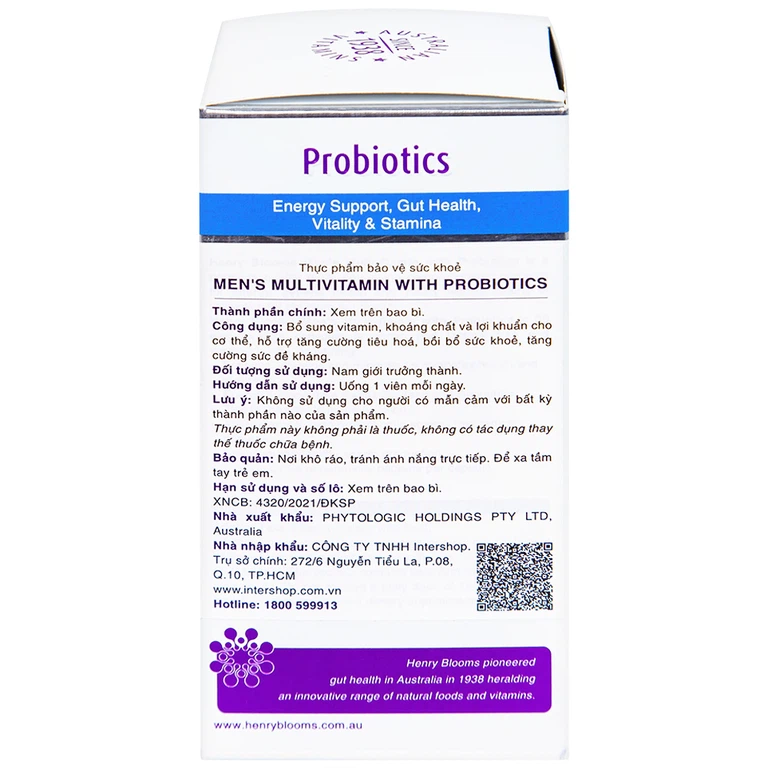 Viên uống Men's Multivitamin With Probiotics Henry Blooms cung cấp năng lượng và chất dinh dưỡng cần thiết (30 viên)