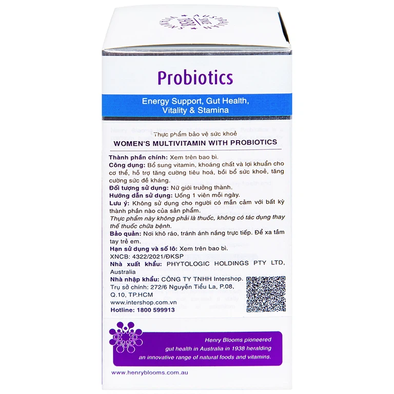 Viên uống Women's Multivitamin With Probiotics Henry Blooms cung cấp năng lượng và chất dinh dưỡng cần thiết (30 viên)