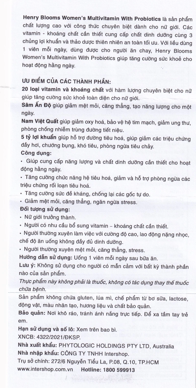 Viên uống Women's Multivitamin With Probiotics Henry Blooms cung cấp năng lượng và chất dinh dưỡng cần thiết (30 viên)