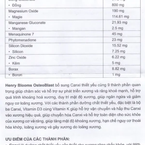 Viên uống OsteoBlast Henry Blooms bổ sung Canxi, Vitamin D3 và khoáng chất thiết yếu (60 viên)