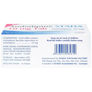 Thuốc Amlodipine Stada 10mg Tab điều trị tăng huyết áp, đau thắt ngực (10 vỉ x 14 viên)