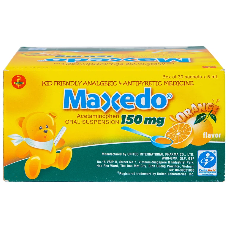 Hỗn dịch uống Maxedo 150mg United hạ sốt, giảm đau nhức do cảm cúm, viêm amidan (30 gói x 5ml)