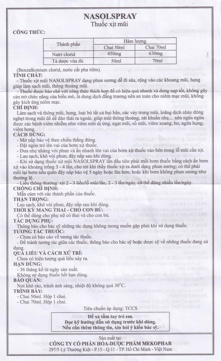 Thuốc xịt mũi Nasolspray Mekophar làm sạch và thông mũi, họng (70ml)