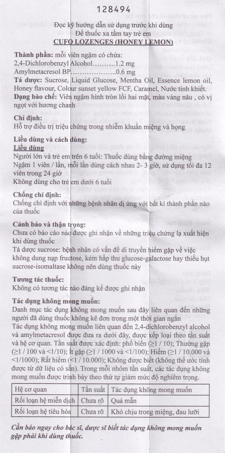 Viên ngậm Cufo vị mật ong chanh hỗ trợ điều trị triệu chứng trong nhiễm khuẩn miệng và họng (2 vỉ x 12 viên)