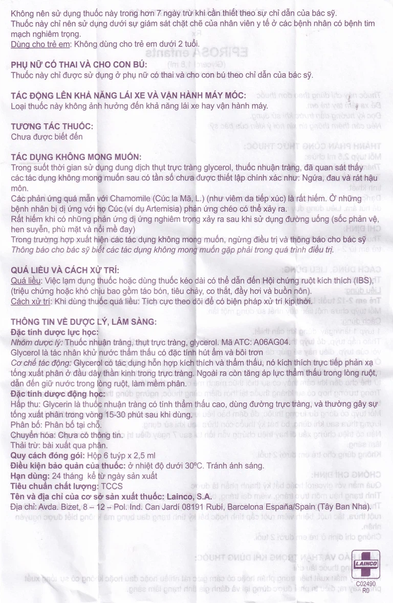 Dung dịch thụt trực tràng Epirosa Enfants Lainco giảm triệu chứng táo bón (6 tuýp x 2.5ml)