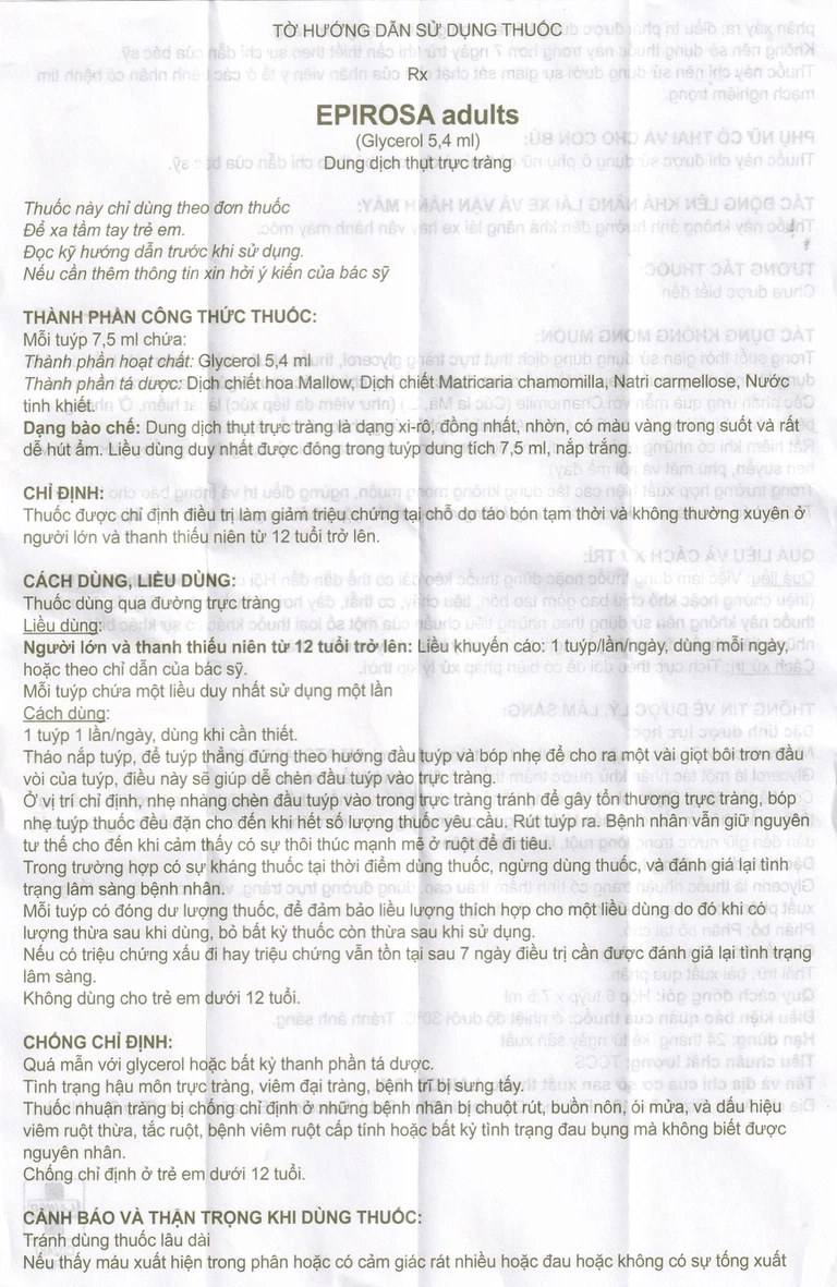 Dung dịch thụt trực tràng Epirosa Adults Lainco giảm triệu chứng táo bón (6 tuýp x 7.5ml)