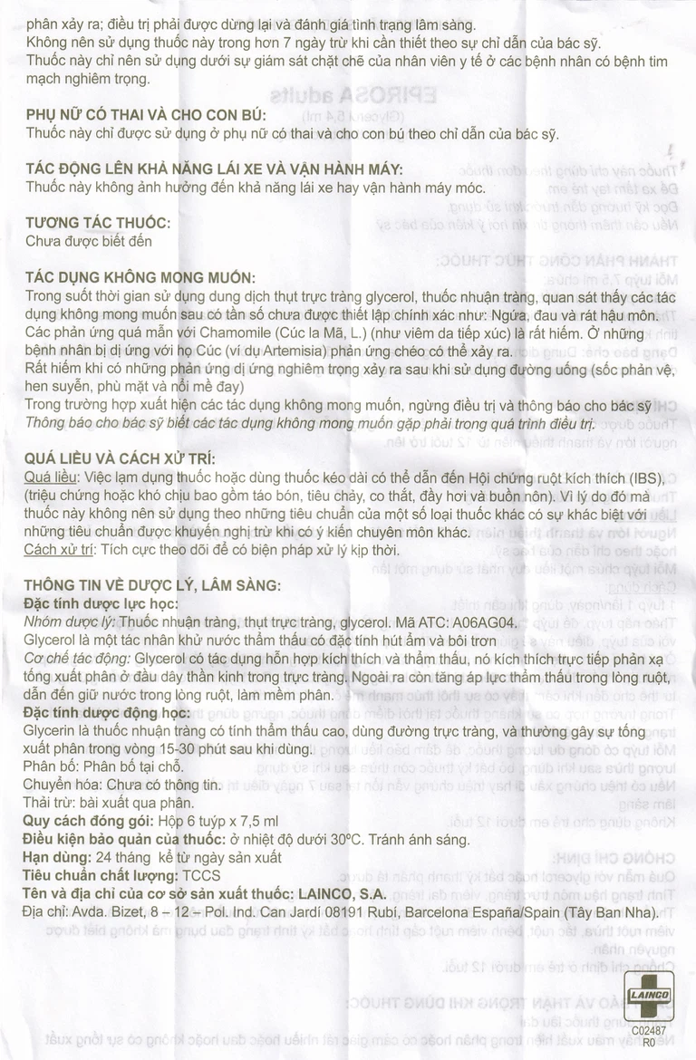 Dung dịch thụt trực tràng Epirosa Adults Lainco giảm triệu chứng táo bón (6 tuýp x 7.5ml)