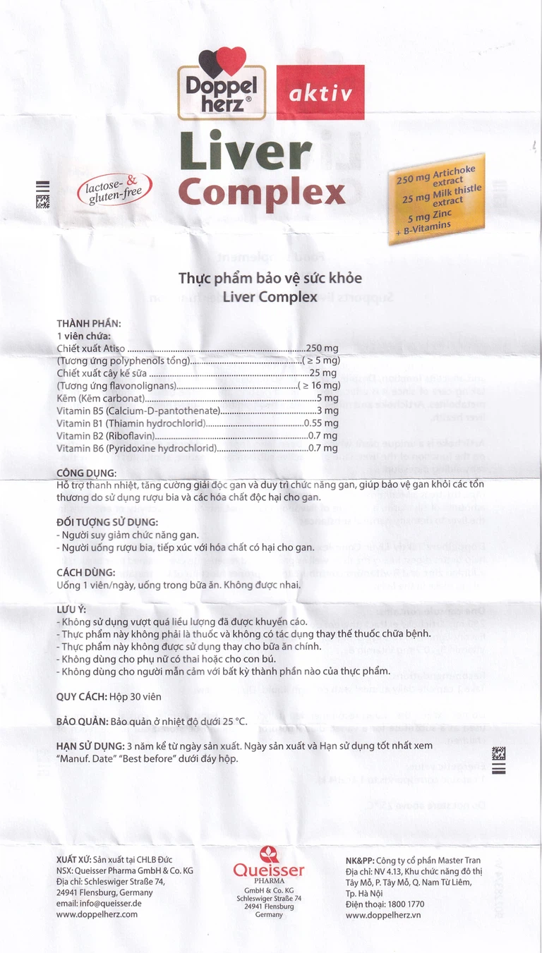 Viên uống Liver Complex Doppelherz Aktiv hỗ trợ thanh nhiệt, tăng cường giải độc gan (3 vỉ x 10 viên)