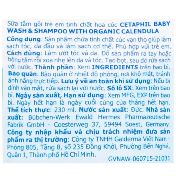 Sữa tắm gội trẻ em tinh chất hoa cúc Cetaphil Baby Wash And Shampoo With Organic Calendula (230ml)