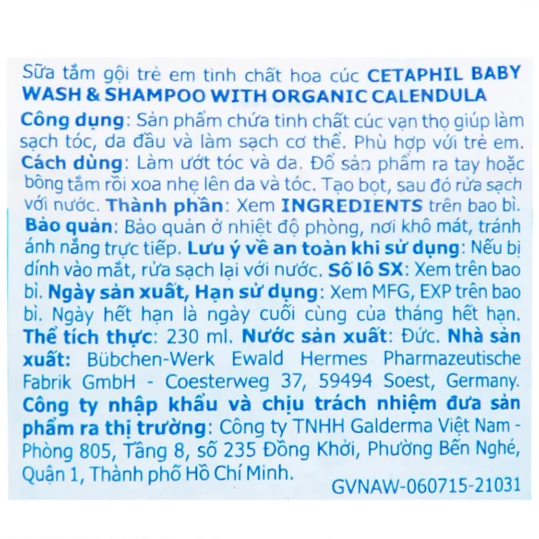 Sữa tắm gội trẻ em tinh chất hoa cúc Cetaphil Baby Wash And Shampoo With Organic Calendula (230ml)