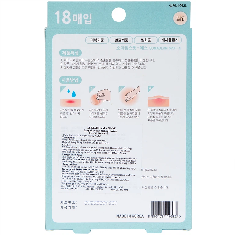Miếng dán mụn Somaderm - Spot Young Chemical Vina hỗ trợ làm lành vết thương (18 miếng)