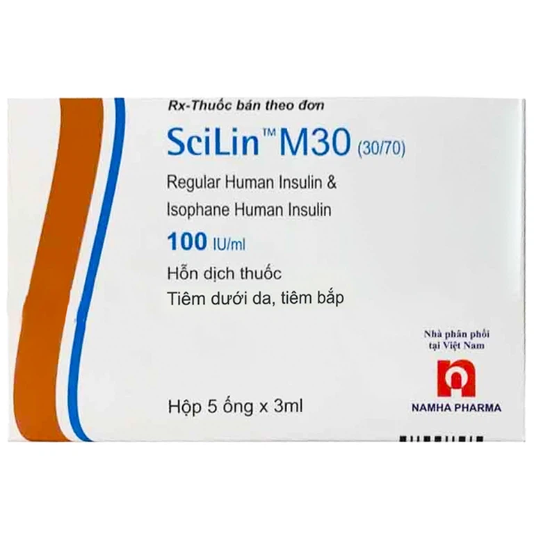 Hỗn dịch tiêm Scilin m30 (30/70) 100 IU/ml Bioton điều trị bệnh đái tháo đường típ 1 (5 ống x 3ml)