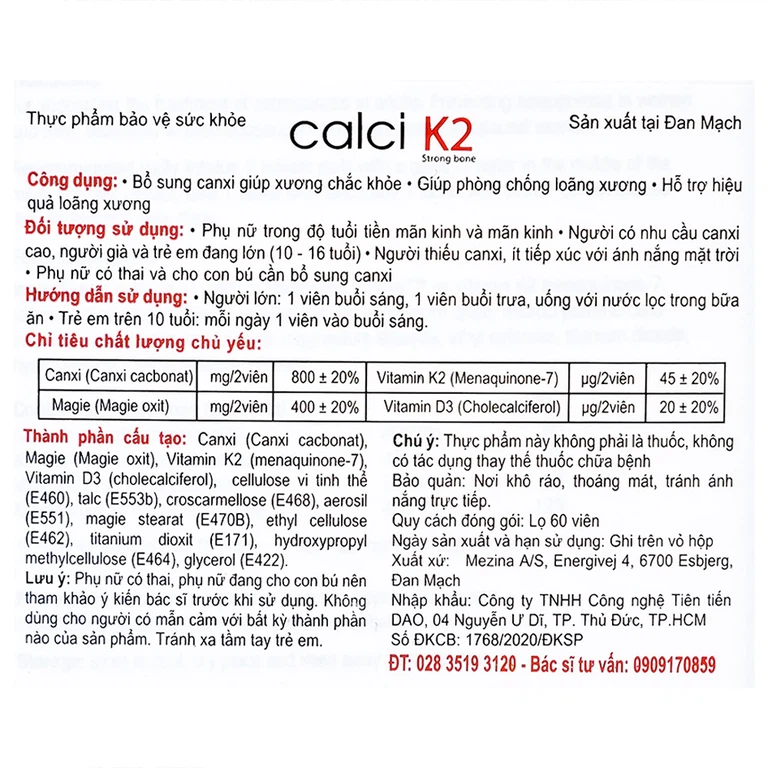 Viên uống Calci K2 Dao Nordic Health bổ sung canxi, chống loãng xương (60 viên)