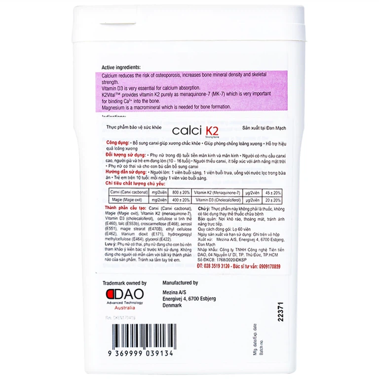 Viên uống Calci K2 Dao Nordic Health bổ sung canxi, chống loãng xương (60 viên)