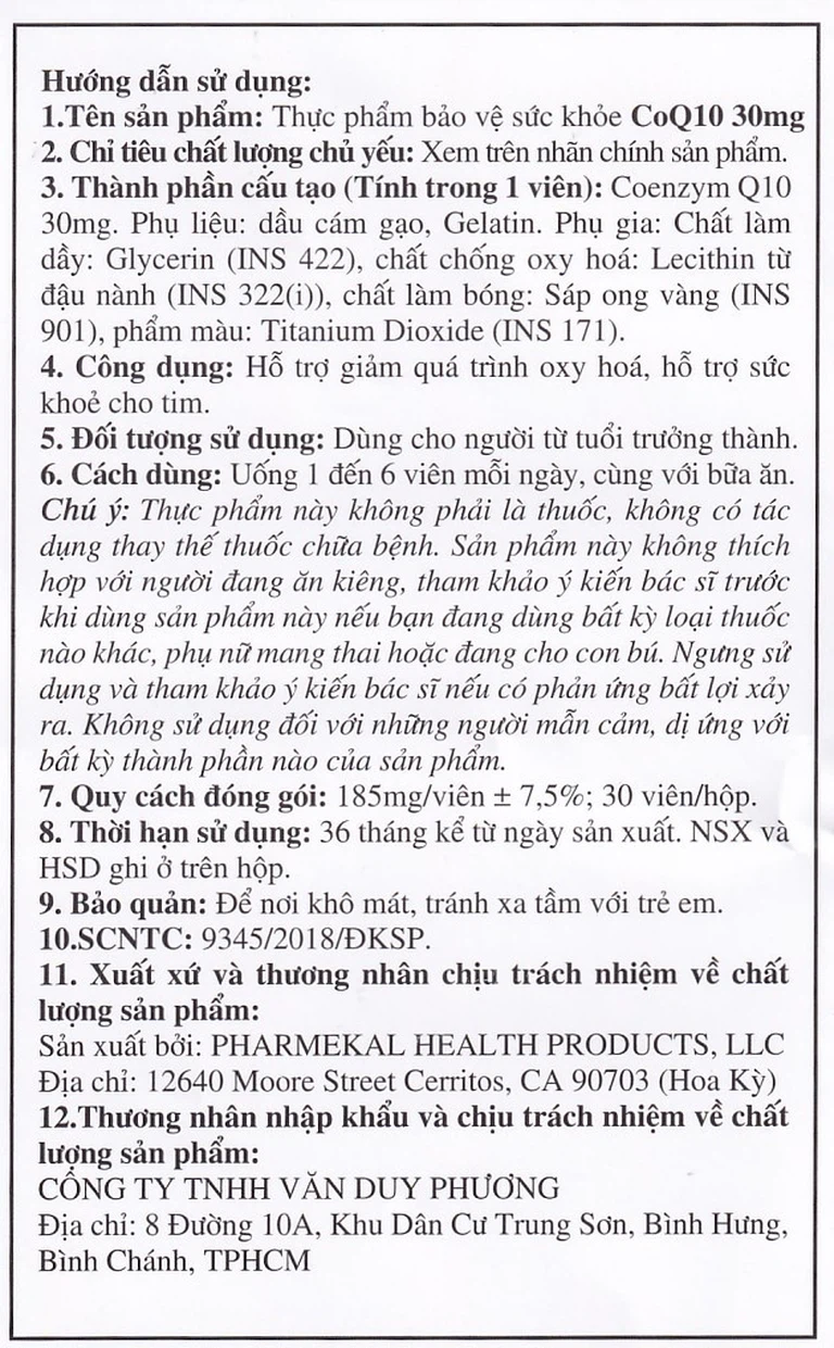 Viên uống CoQ10 30mg Pharmekal giảm quá trình oxy hóa, hỗ trợ sức khỏe cho tim (30 viên)