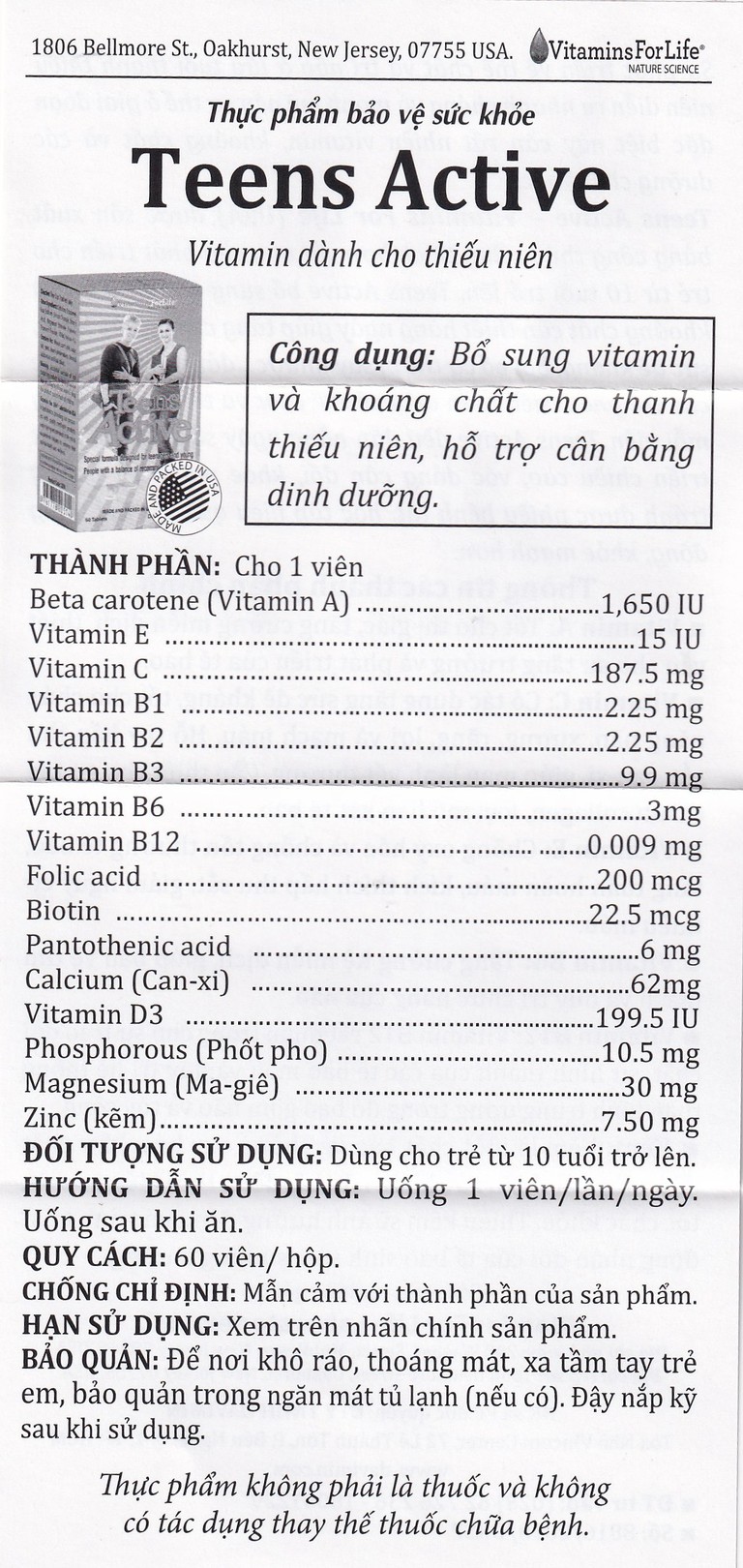 Viên uống Teens Active Vitamins For Life bổ sung vitamin và khoáng chất cho thanh thiếu niên (60 viên)