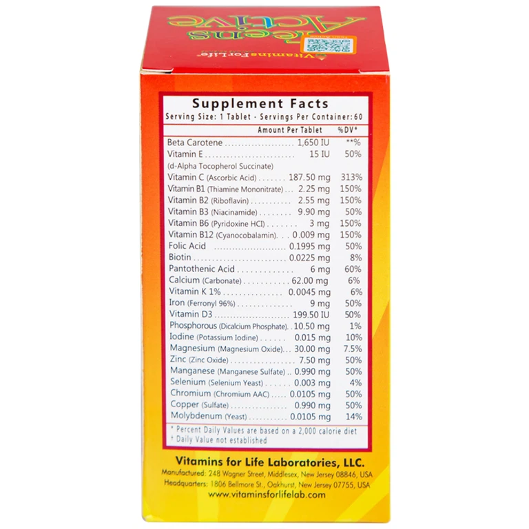Viên uống Teens Active Vitamins For Life bổ sung vitamin và khoáng chất cho thanh thiếu niên (60 viên)
