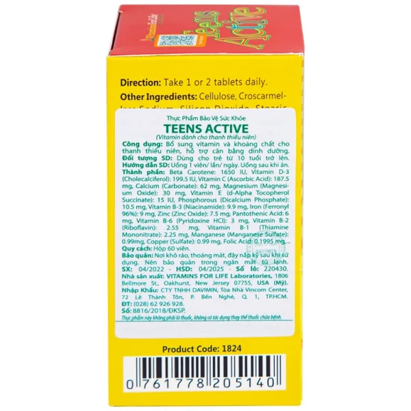 Viên uống Teens Active Vitamins For Life bổ sung vitamin và khoáng chất cho thanh thiếu niên (60 viên)