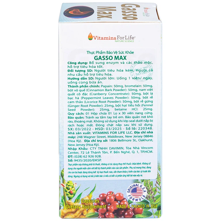 Viên uống Gasso Max Vitamins For Life bổ sung enzyme và các thảo mộc, hỗ trợ tiêu hóa tốt (30 viên)
