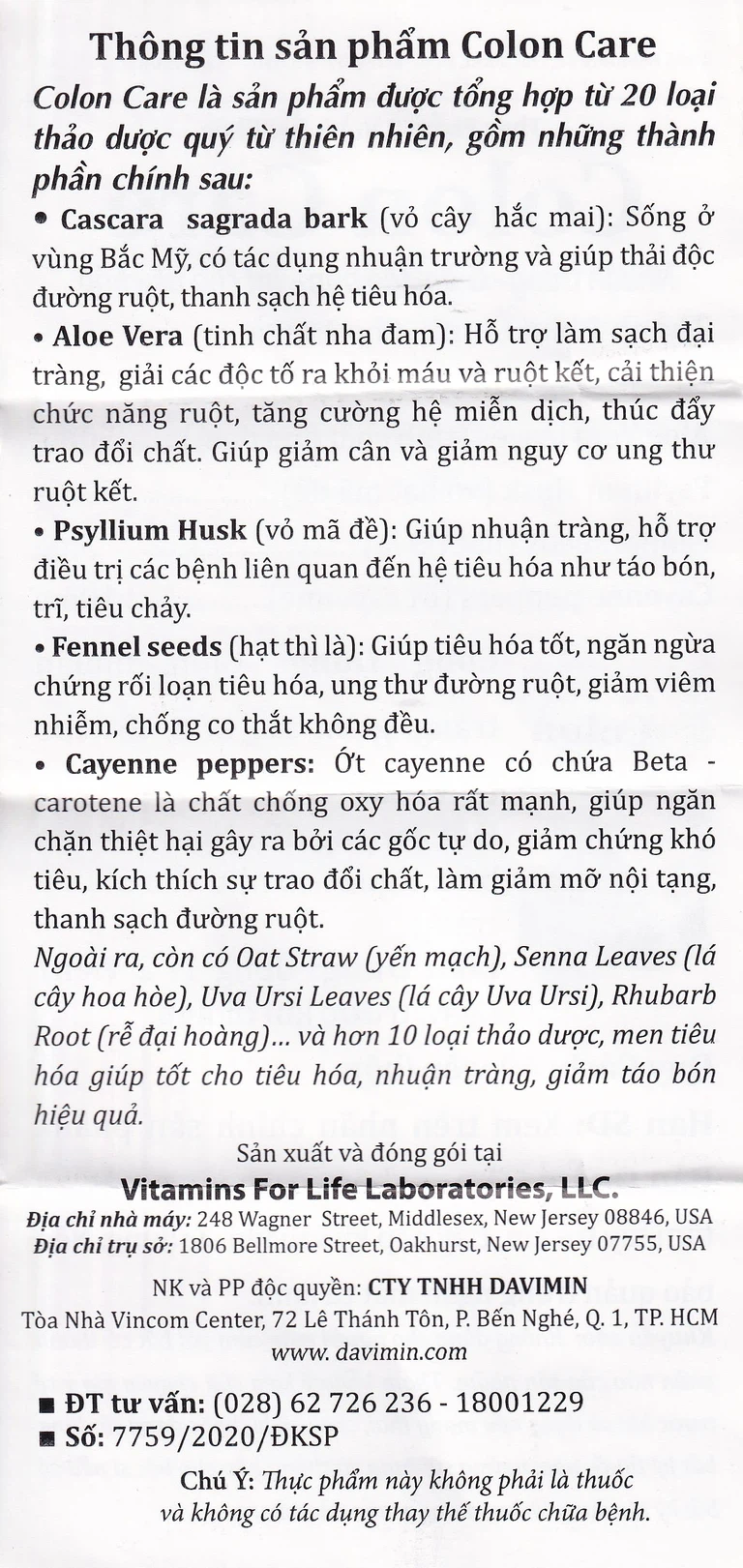 Viên uống Colon Care Vitamins For Life giúp nhuận tràng, giảm táo bón (60 viên)